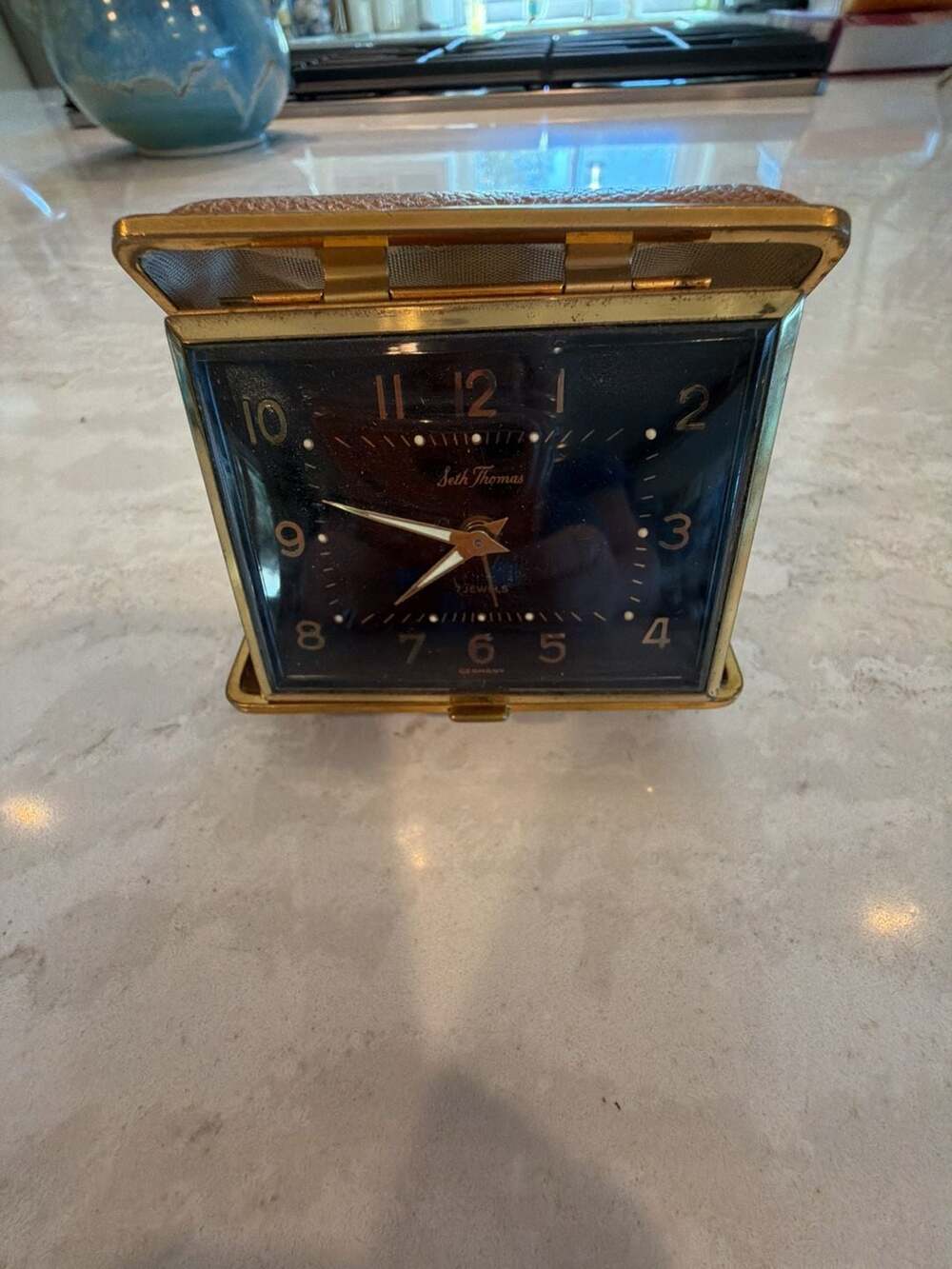 Vintage Seth Thomas Travel Alarm Clock 7 Jewels Gold Tone Case Made in Germany